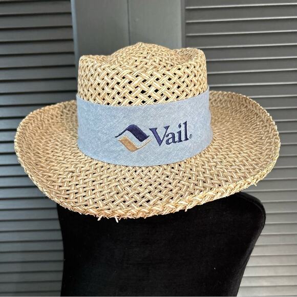 Imperial “Vail” Straw Hat in White and Tan with Blue Chambray Band and Bow, OSFM - Picture 2 of 10